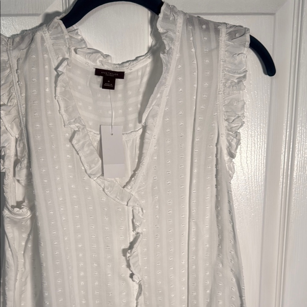 Ann Taylor Cream Ruffled Mandarin Collar Blouse - Picture 2 of 3
